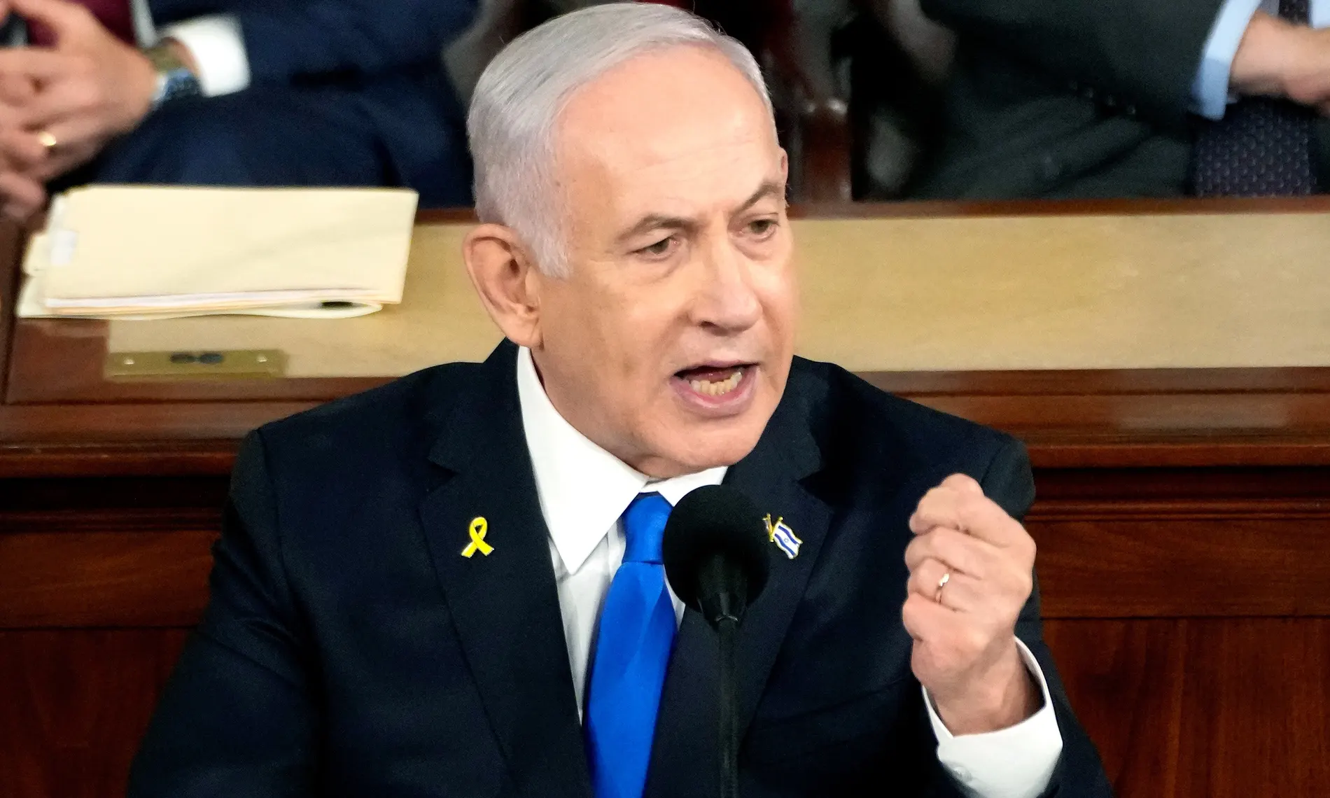 Israeli Prime Minister Benjamin Netanyahu mocks gay pro-Palestinian protestors in a speech to Congress