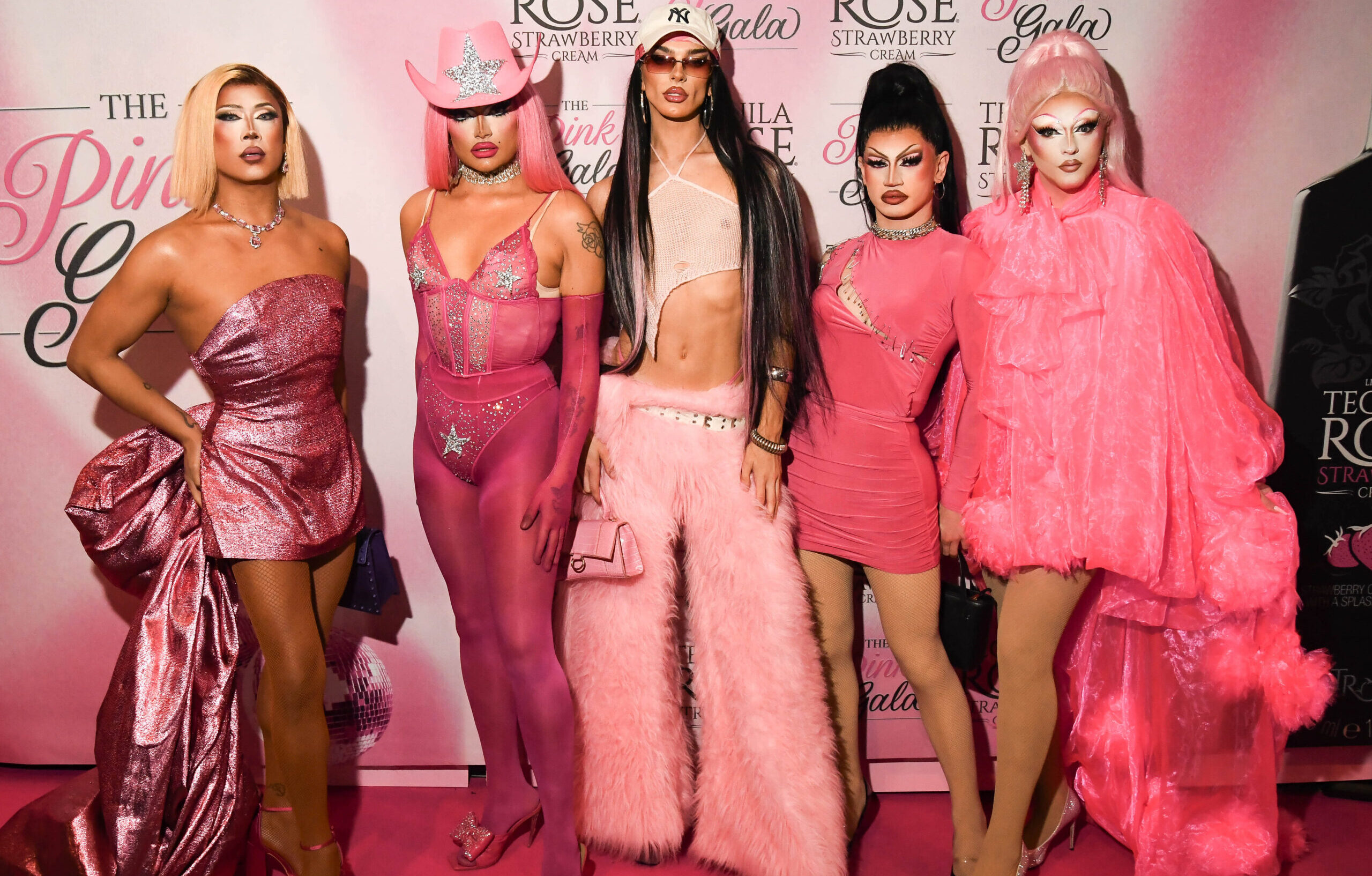 Cast of upcoming season of RuPaul’s Drag Race – Charra Tea, Actavia and Saki Yew – join A’Whora  at the Tequila Rose Pink Gala in Manchester